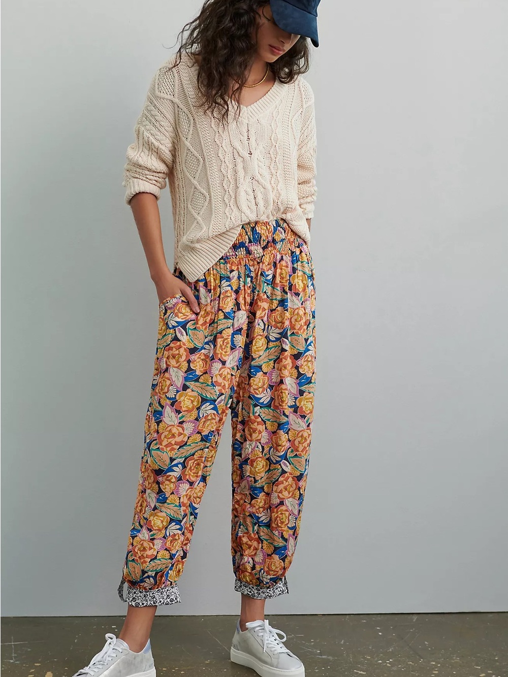 Floral Elastic-Waist Wide Leg Pants - Cream Multicolor
